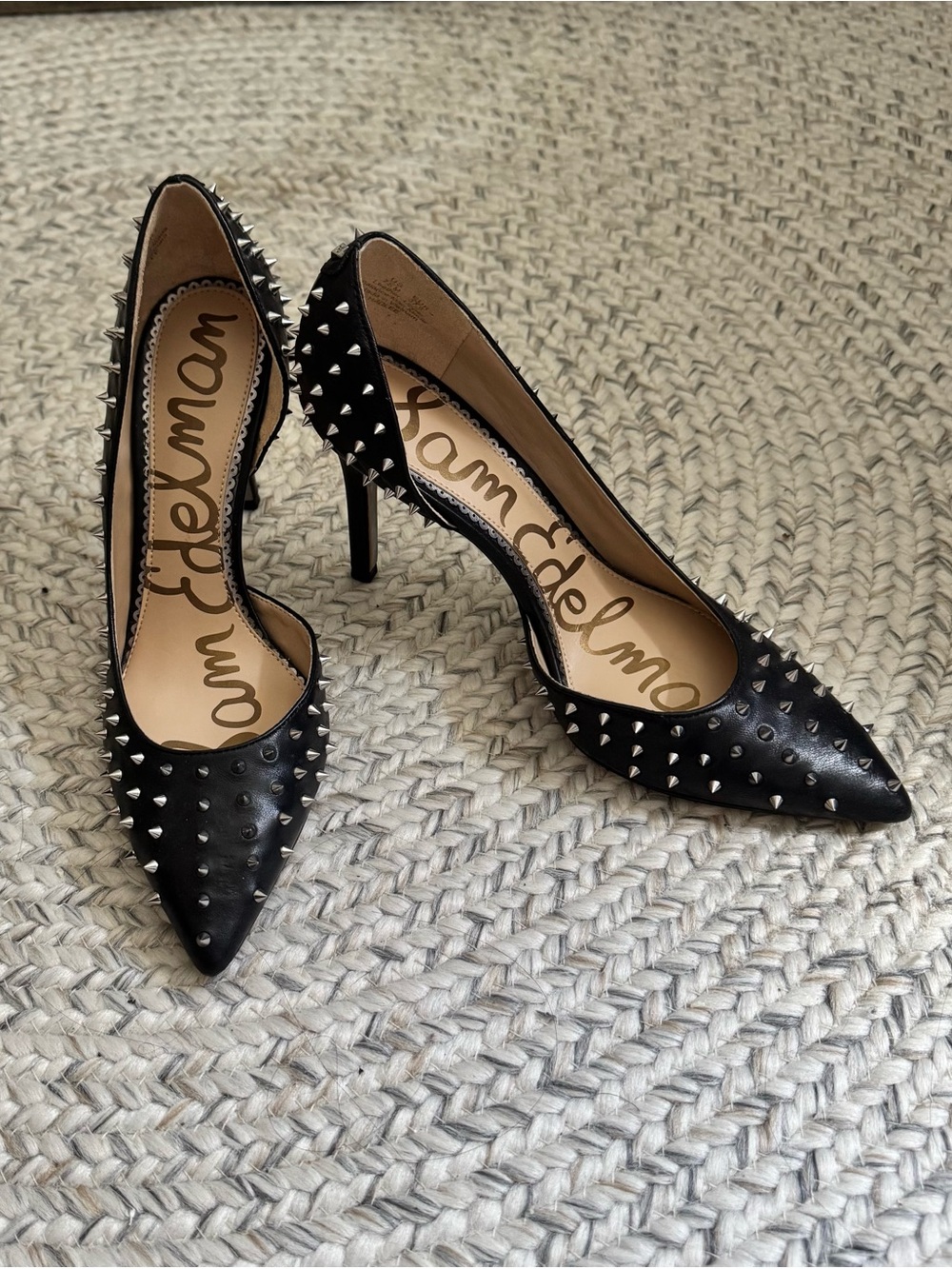 New Sam Edelman Hadlee Black Leather Spiked Pointed-Toe Pumps 7.5
